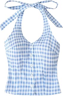Milumia Women's Gingham Plaid Halter Top Tie Backless Sleeveless Button Front Crop Tank Tops