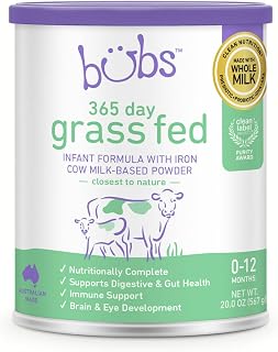 Bubs 365 Day Grass Fed Infant Formula for 0-12 Months, Non-GMO Milk, 20oz | Cow Milk-Based Powder with Iron, DHA, Prebiotics & Probiotics to Support Gentle, Digestive Health
