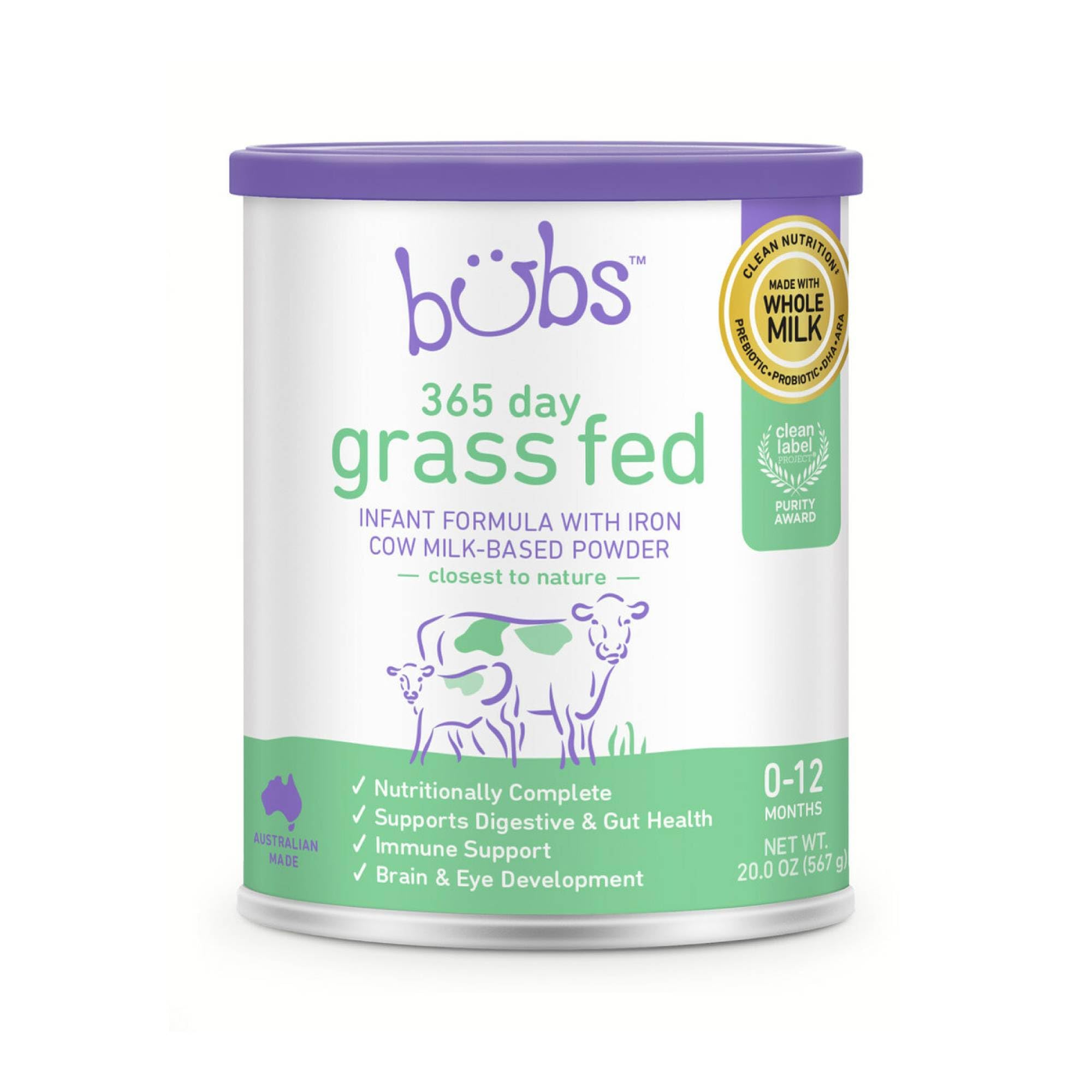 Bubs 365 Day Grass Fed Infant Formula for 0-12 Months, Non-GMO Milk, 20oz | Cow 