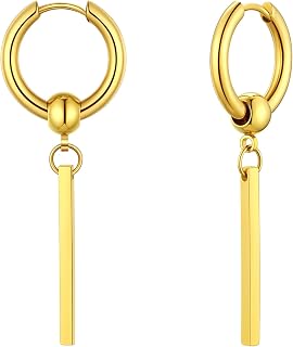 FindChic Stainless Steel Bar Drop Earrings 18K Gold Plated Thin Flat Geometric Round/Stick/Rectangle Pierced Linear Hypoallergenic Dangle Earrings for Women