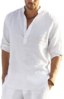Mens Henley Shirts Cotton Linen Long Sleeve Hippie Casual Beach Shirts