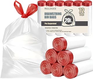Bin Bags 20L with Drawstring Tie Handle Rubbish Bags White Trash Bags for Bathroom,Office,Toilet,72 Bags,Pre-Separated ﻿