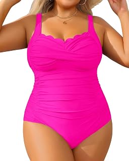 Aqua Eve Womens Plus Size Tummy Control Retro Scalloped Crossover Front One Piece Swimsuit