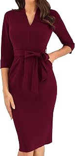 GRACE KARIN Women's Cocktail Dress with 3/4 Sleeves, Elegant Midi Bodycon Dress, V-Neck, Slim Fit Pencil Dress with Belt, Wedding Guest Dresses, Everyday Dress