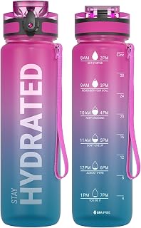 Sahara Sailor Water Bottle 32oz, Tritan Sports Bottle with Time Marker | Bpa Free Sports Bottle, Leakproof Wide Mouth, Fast Flow Lid And Cleaning Brush, For Gym School Office, 1 Count