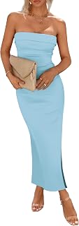 PRETTYGARDEN Women Summer Bodycon Maxi Tube Ribbed Strapless Side Split Long Casual Elegant Party Dress
