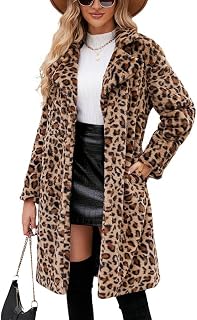 chouyatou Gabardina larga de piel sintética con estampado de leopardo para mujer, con cuello de solapa