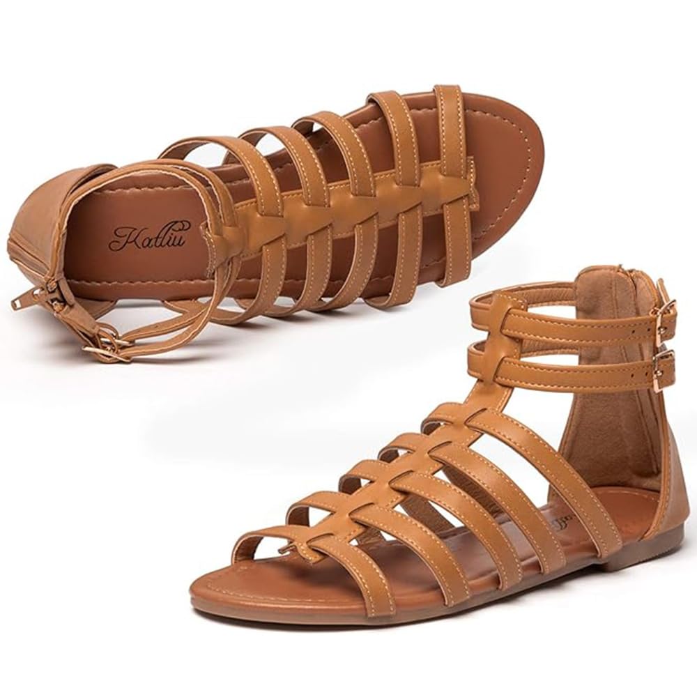 katliu Women's Gladiator Sandals Strappy Flat Sandals Two Ankle Buckle