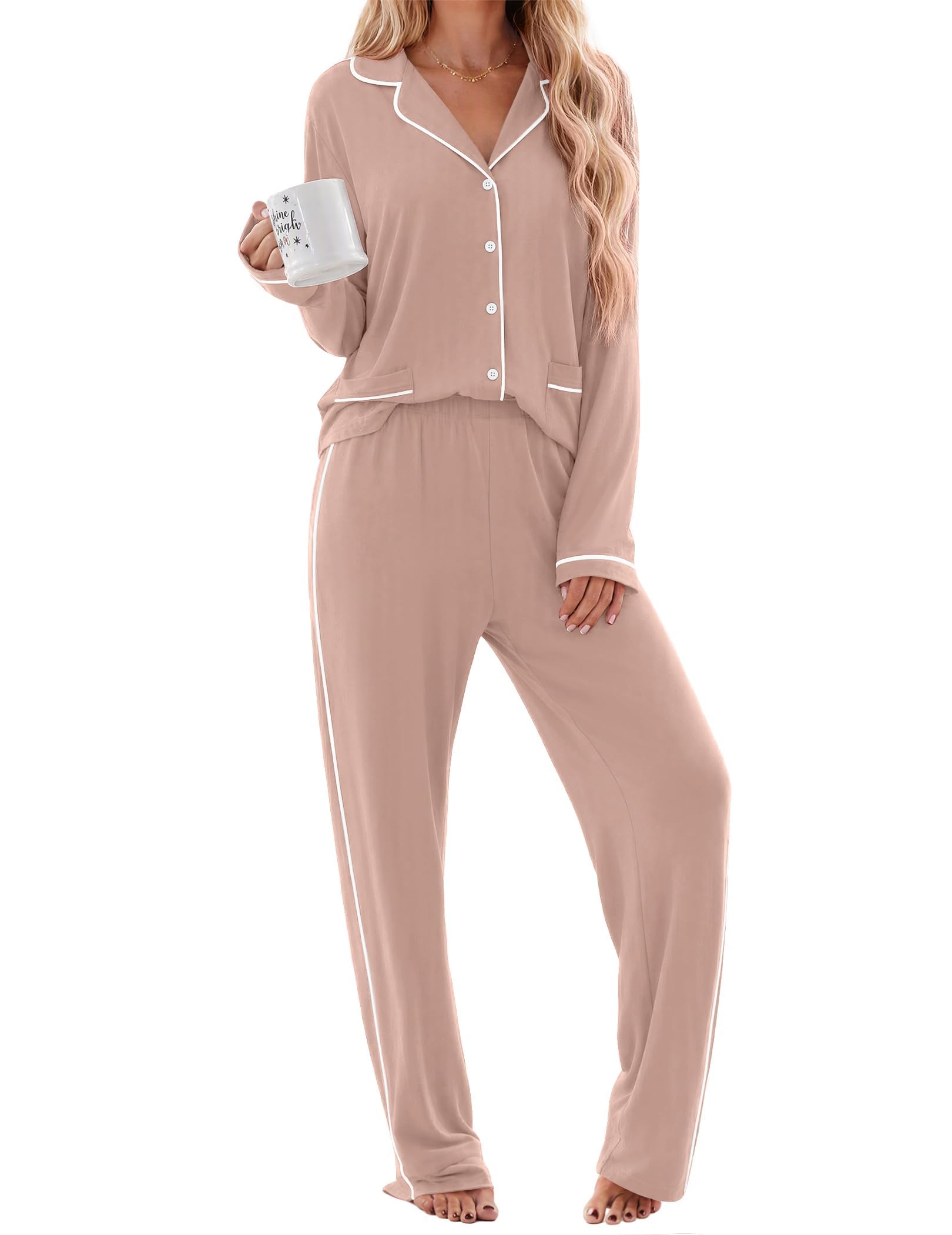 Ekouaer Conjunto de pijama de algodón para mujer, de manga larga