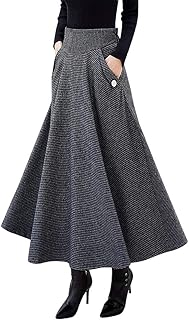 IDEALSANXUN Women’s Fall Winter High Waisted Wool Plaid A-line Long Skirt