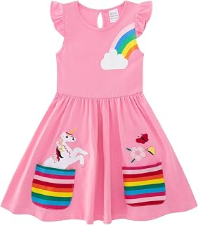 SFreeBo Little Girls Dresses Rainbow Long Sleeve/Sleeveless Dress Girls Cotton Pocket T-Shirt Dress Kids Winter/Summer Stripe Dress with Unicorn Flowers Print 3-8 Years