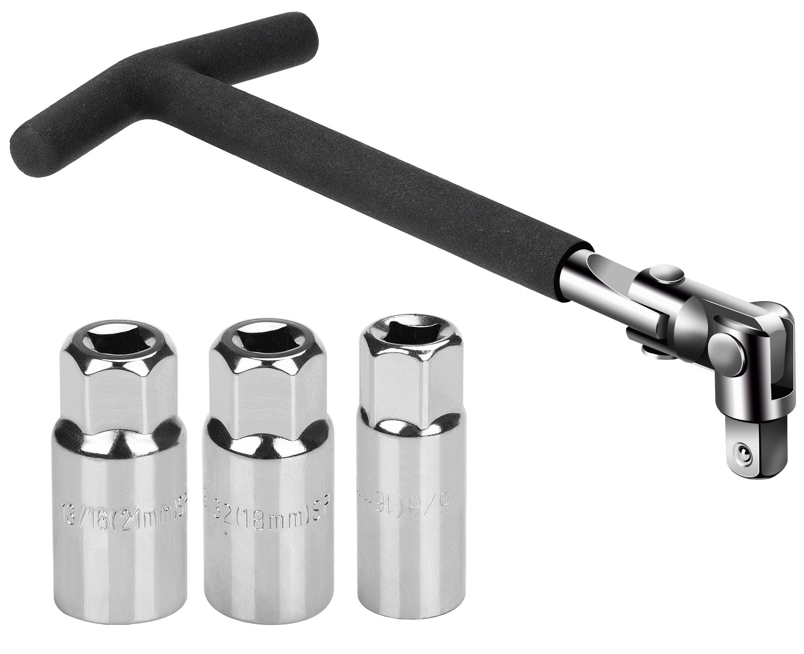 Sukudon Universal 16mm 18mm 21mm Spark Plug Wrench Set, 4-Piece T-Handle 1/2" Dr