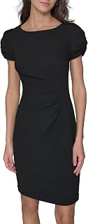 Karl Lagerfeld Paris Women's Short Ruched Sleeve Jewel Neck Sheath Mini Dress Casual Dress