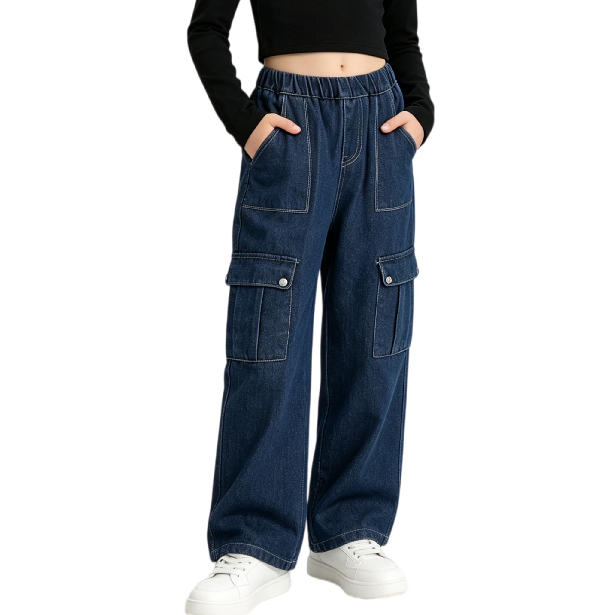 Rolanko Girls Jeans Wide Denim Trousers Elastic Waist for Children