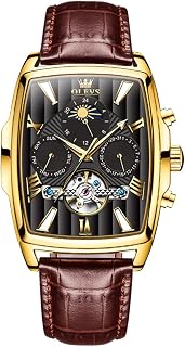OLEVS Men's Watch Designer Square Luxury Automatic Self Winding Skeleton Brown Breathable Leather Strap Dress Multi-Calendar Waterproof Moon Phase Stylish Suitable Gift