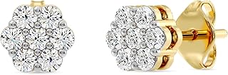 Gilded Lab-Grown Diamond 7 Stone Flower Earrings for Women in 925 Sterling Silver and 14KT Yellow Gold Plated Silver | Hypoallergenic Fine Jewelry | Hinged Closure | SI1 Clarity, F Color |1/4,1/2, 1,2 Carat Total Weight