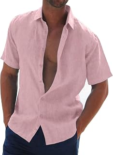Halfword Men's Linen Shirt Short Sleeve Summer Casual Lapel Cotton Hawaiian Solid Color Beach Holiday