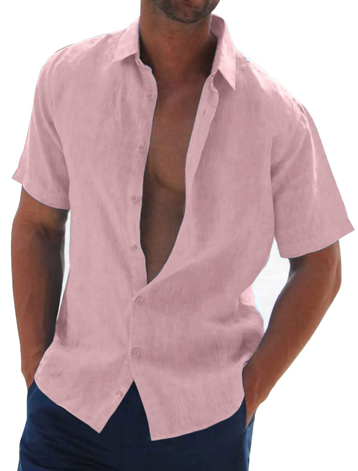 Halfword Men's Linen Shirt Short Sleeve Summer Casual Lapel Cotton Hawaiian Soli