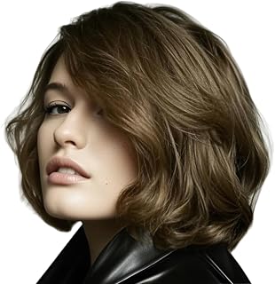 Dark Brown Short Curly Synthetic Wig with Bangs for Women - 12" Natural Layered Highlights and Comfortable Rose Mesh Cap, Easy Care