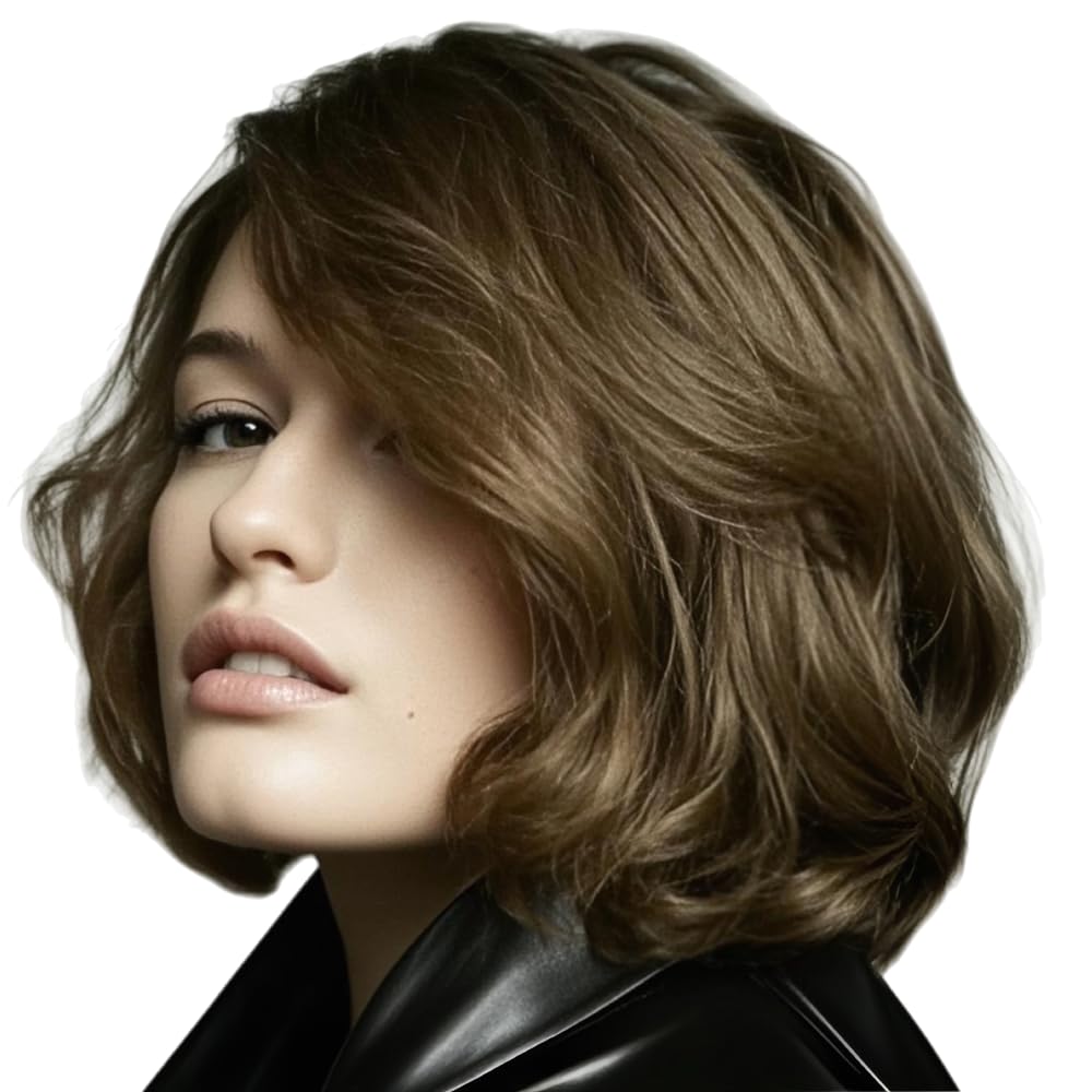 Dark Brown Short Curly Synthetic Wig with Bangs for Women - 12" Natural Layered 