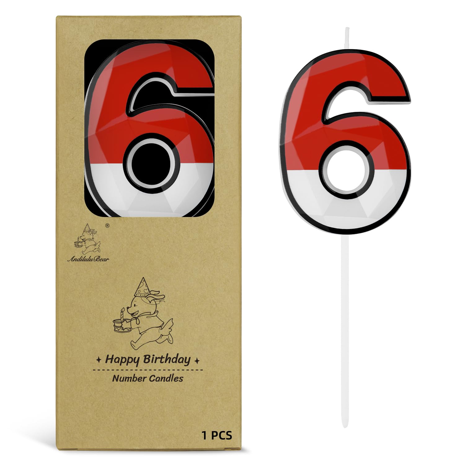 Birthday Candles with Anime Themed, 2.76 Inch Number 6 Candles, Red White Numera