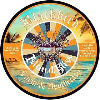 Blackbird Farm & Apothecary Traditional Shaving Soap for Men & Women, Island Bliss Fragrance, Scents of coconut, lychee, sugar cane & vanilla orchid, Formulated for Use with a Shaving Brush, Handmade in Canada, 100 g (Island Bliss)