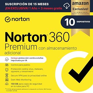 Norton 360 Premium Exclusivo Amazon*|Antivirus 10 Dispositivos|15 meses| Descarga digital