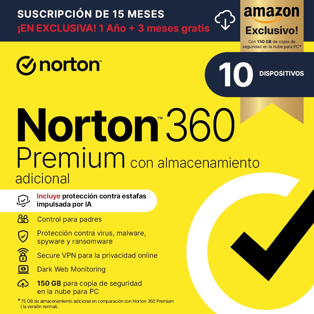 Norton 360 Premium Exclusivo Amazon*|Antivirus 10 Dispositivos|15 meses| Descarg