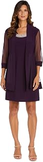 R&M Richards Womens 2 Piece Mesh Panel Beaded Neck Jacket Dress
