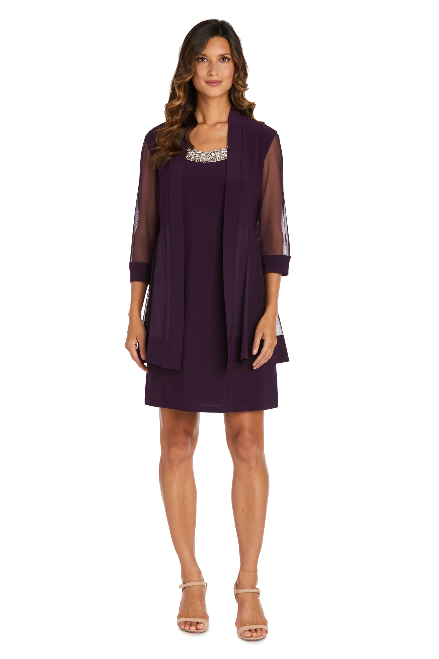 R&M Richards Womens 2 Piece Mesh Panel Beaded Neck Jacket Dress