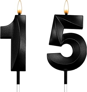 15th Birthday Candles for Cake, 1.97 inch 3D Diamond Number 15 Candle, 15th Birthday Decorations for Boys & Girls, 15 Year Old Birthday Cake Toppers for Party, Anniversary, Milestone (Black)