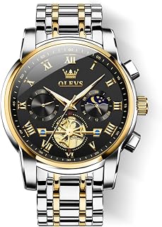 OLEVS Mens Two Tone Stainless Steel Quartz Diamond Chronograph Moon Phase Gold Dial Blue Black Waterproof Luminous Wrist Watch