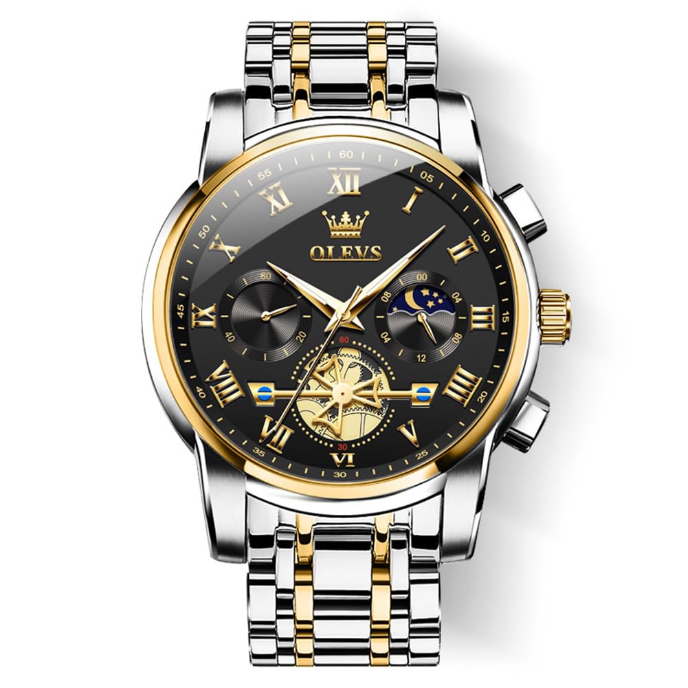 OLEVS Mens Two Tone Stainless Steel Quartz Diamond Chronograph Moon Phase Gold D