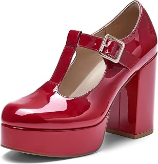 Coutgo Mary Jane Women's T-Strap Round Toe Chunky Heel Platform Shoes
