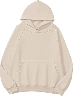 Lauweion Women Solid Basic Fleece Letter Loose Hoodie Sweatshirt Long Sleeve Kangaroo Pocket Drop Shoulder Pullovers Top