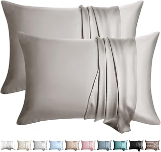 Silk Pillow Cases 2 Pack King Size Mulberry Silk Pillowcase for Hair and Skin Highest Grade 6A Silk Soft Breathable Cooling with Hidden Zipper Set of 2, Grey