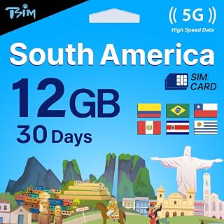 TSIM South America SIM Card 30 Day | 12 GB Internet in 5G/4G/LTE (Data Sharing Allowed) | Use in Brazil, Chile, Colombia, Peru, Uruguay & Costa Rica | High Coverage 5G Network.