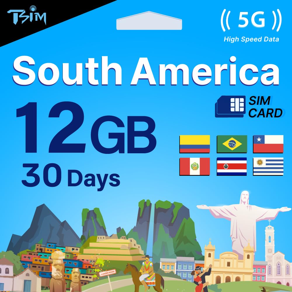 TSIM South America SIM Card 30 Day | 12 GB Internet in 5G/4G/LTE (Data Sharing A