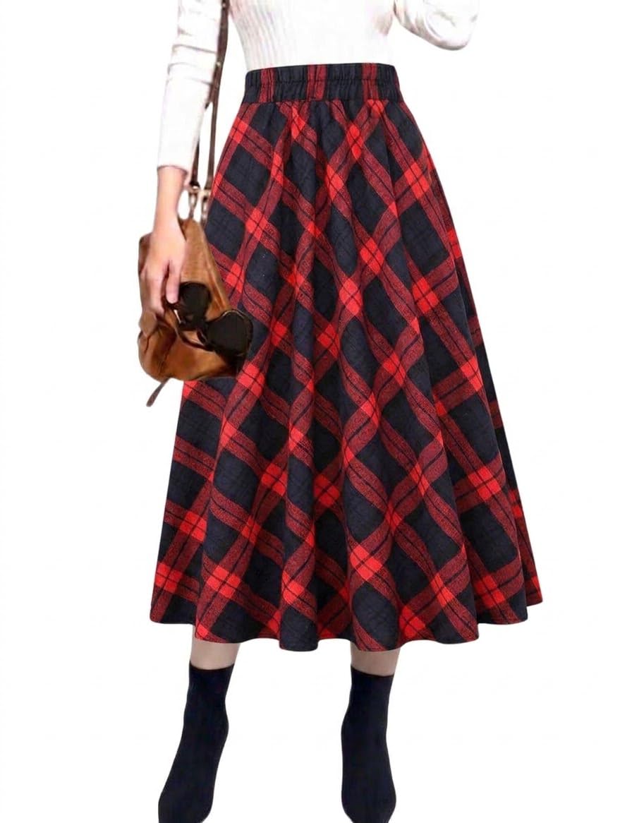 IDEALSANXUN Women’s Plaid Skirt Elastic Waist A-line Midi Pleated Skirts