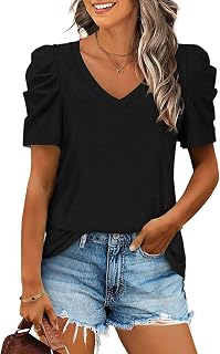 LCXWFE Womens Summer Casual Puff Sleeve V Neck T Shirts