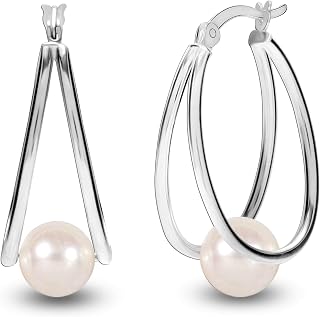 LeCalla 925 Sterling Sliver Pearl Hoop Earrings for Women | Pearl Double Oval Hoop Earrings Jewelry | Available in Rose Gold, Gold & Silver Plated Finish