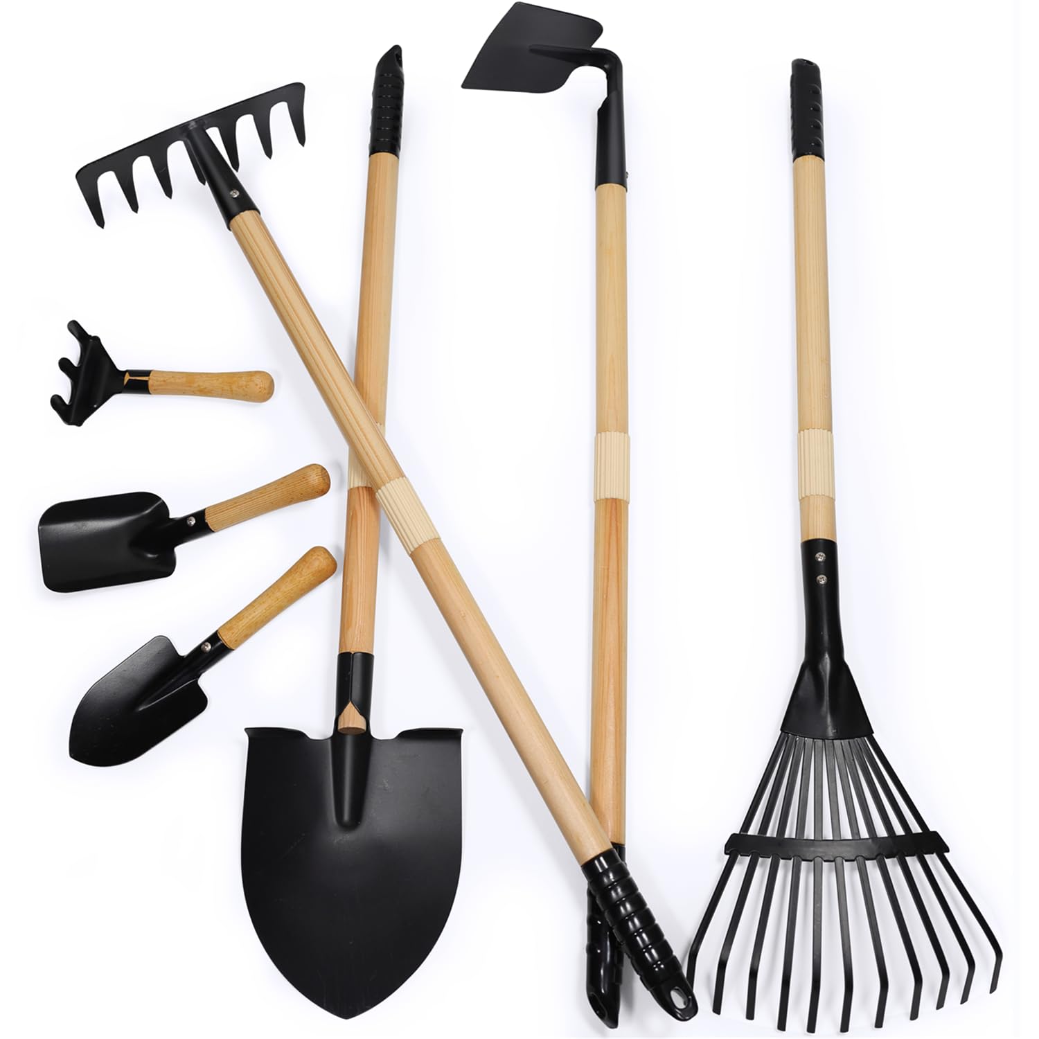 CHEERBANK 7PCS Kids Gardening Tools, Long Shovel, Rake for Leaves, Spade, Hoe, S