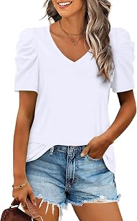 LCXWFE Womens Summer Casual Puff Sleeve V Neck T Shirts