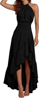 Women Chiffon Maxi Dress High Waist Ruched Hem Asymmetric Side Slit Halter Neck A-Line Cocktail Dress