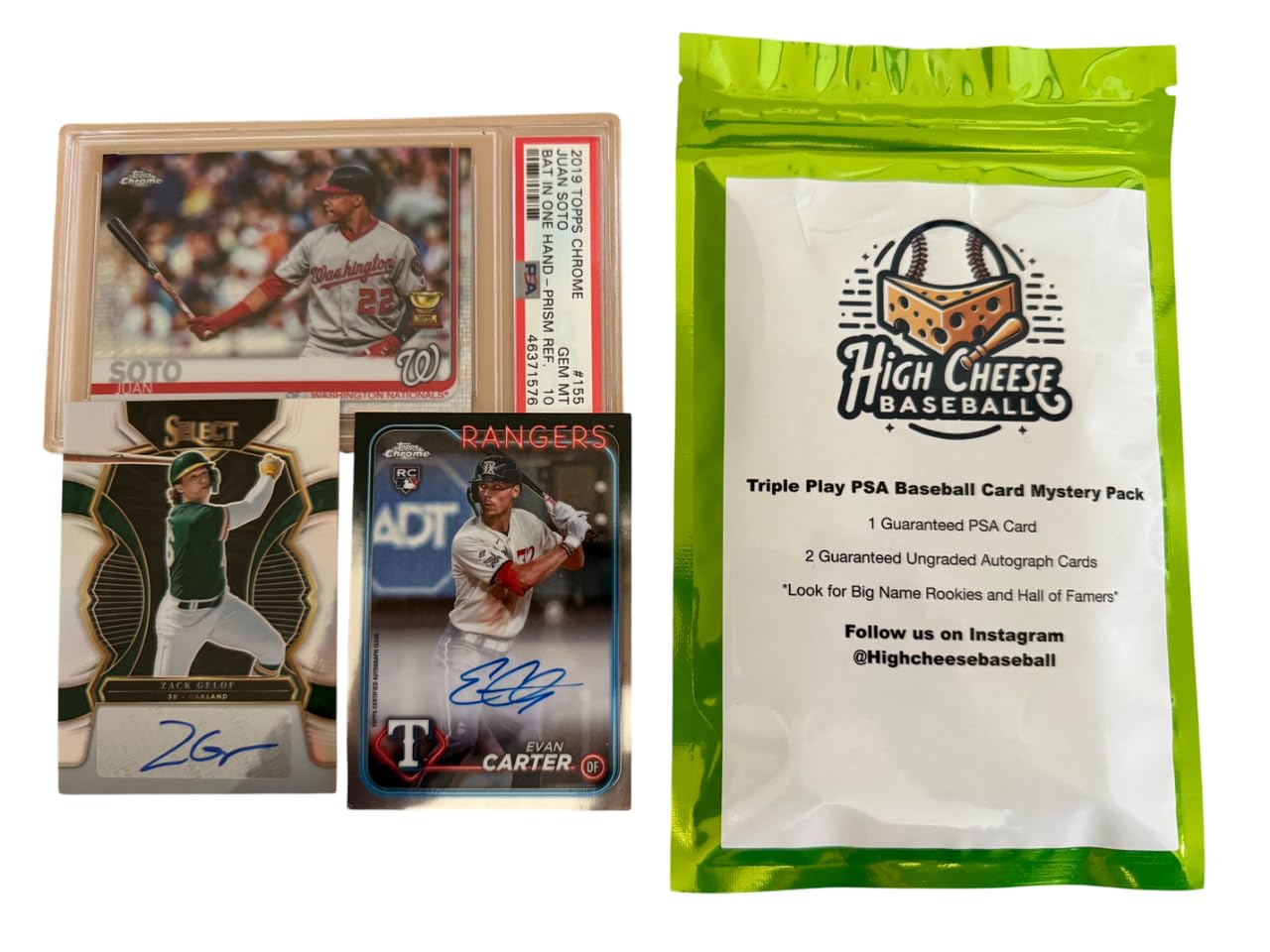 High Cheese Baseball Triple Play Mystery Pack with 1 PSA Graded Card, 2 Autograp