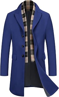 COOFANDY Men's Wool Blend Coat with Detachable Plaid Scarfs Notched Collar Single Breasted Pea Coat Trench Overcoat