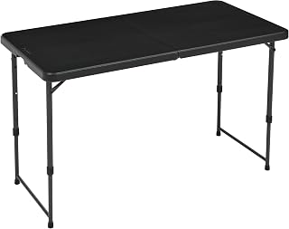 Amazon Basics Portable 4 Ft Rectangular Folding Dining Table, 4 Adjustable Height Settings, Space Saving Fold-in-Half Design and Carrying Handle, Indoor & Outdoor, Washed Black, 47.8 x 23.9 x 33.9 in