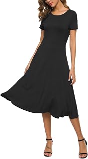 EXCHIC Women's Casual Round Neck Short Sleeve Midi Dress Solid Stretchy Waist Knee Long Dress