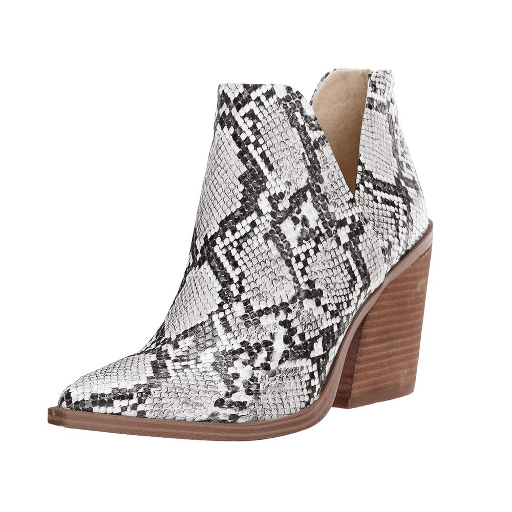 Kathemoi Womens Slip on Ankle Boots V Cutout Pointed Toe Chunky Stacked Mid Heel