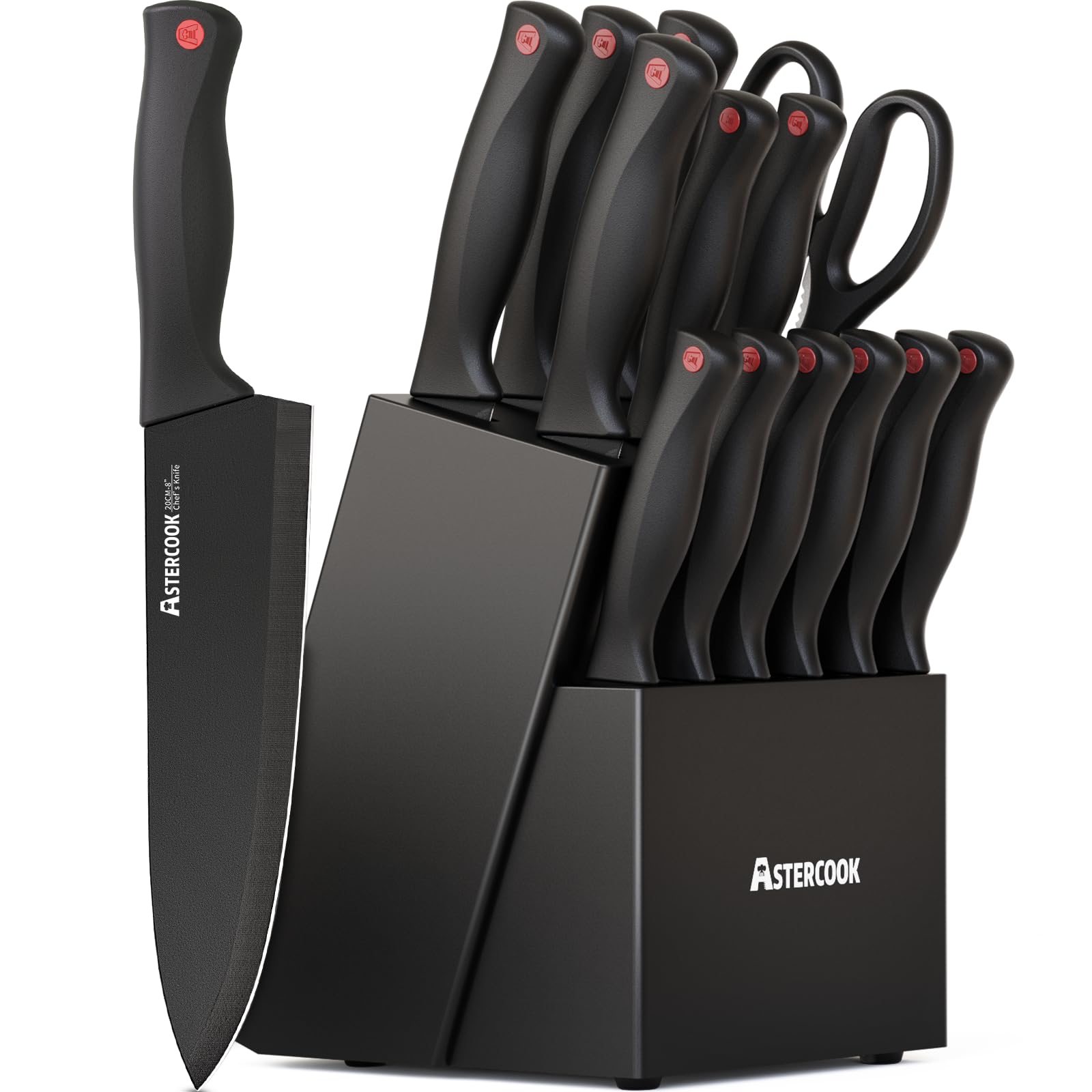 Astercook Knife Set for Kitchen with Block and Sharpener 15pcs German | Stainles